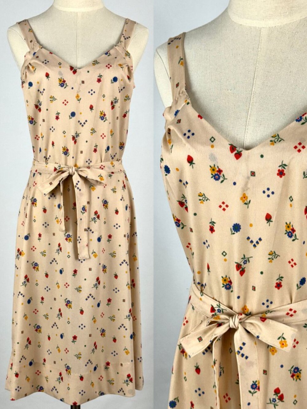 Vtg 70s Strawberry Floral Sun Dress Sz Medium Belted Poly Knit Handmade Novelty